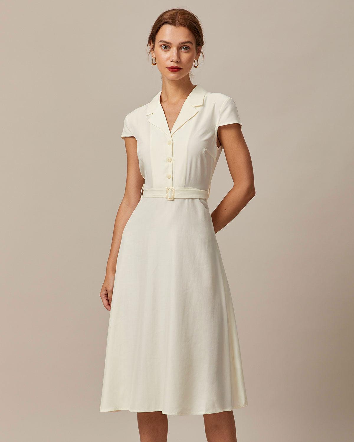 The Beige Lapel Cap Sleeve Shirt Midi Dress Product Image