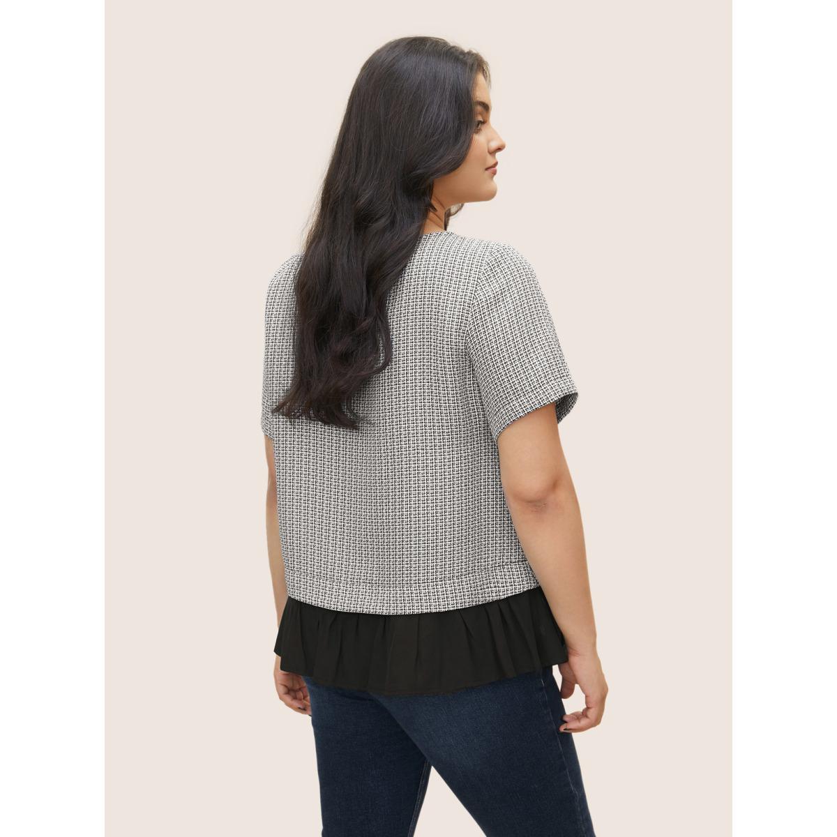 Plus Size Black Tweed Patchwork Ruffle Hem Blouse Women At the Office Short sleeve Round Neck Work Blouses BloomChic 18-20/2X Product Image