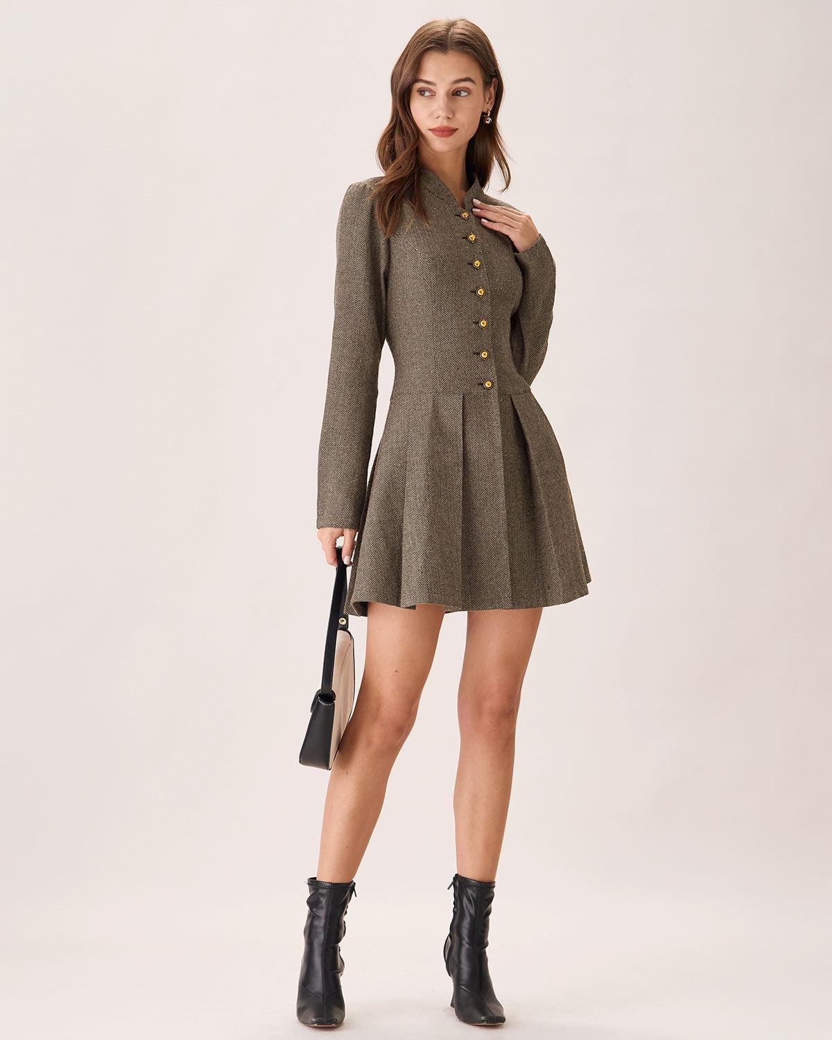 Brown Button Pleated Mini Dress Product Image