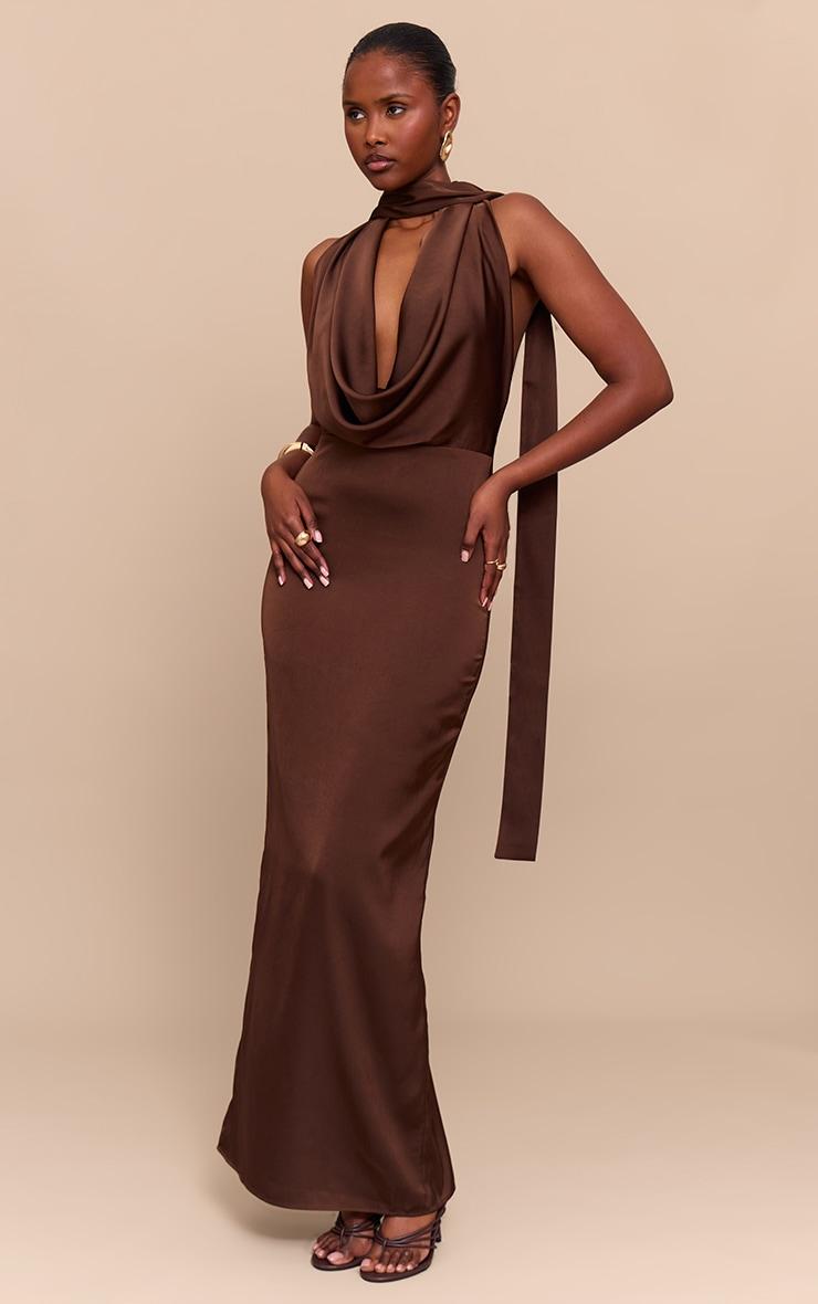 Chocolate Satin Cowl Neck Drape Maxi Dress Product Image