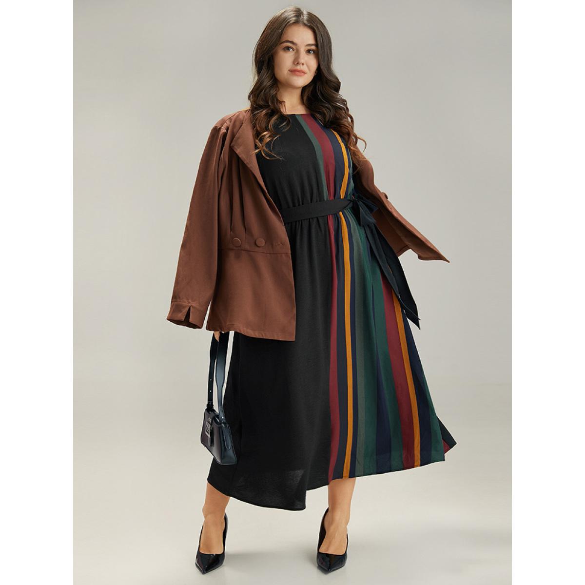 Plus Size Striped Pocket Patchwork Belted Elastic Waist Dress Black Women Office Belted Round Neck Long Sleeve Curvy Midi Dress BloomChic 14-16/1X Product Image