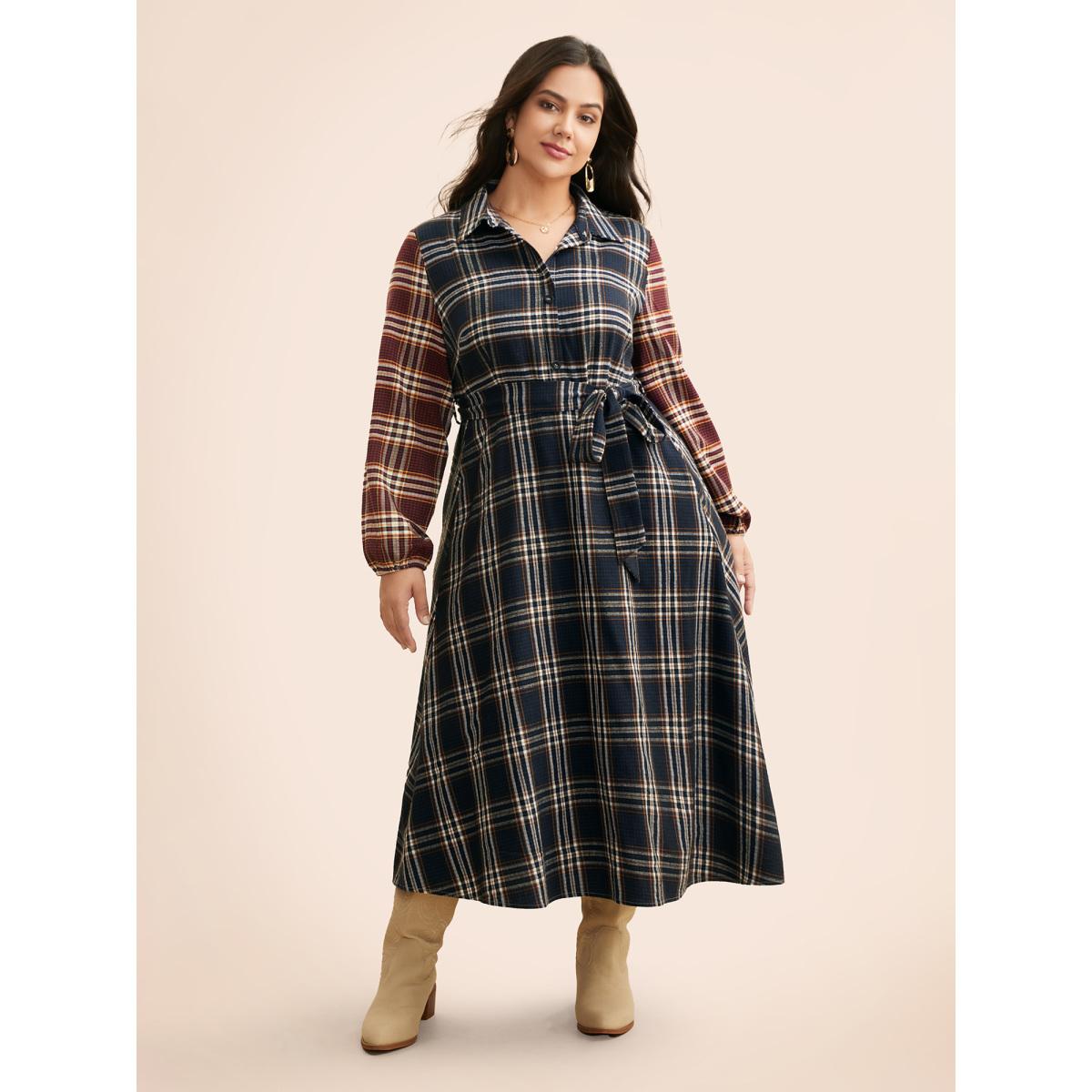 Plus Size Shirt Collar Plaid Contrast Belted Dress Multicolor Women Casual Belted Shirt collar Long Sleeve Curvy BloomChic 18-20/2X Product Image
