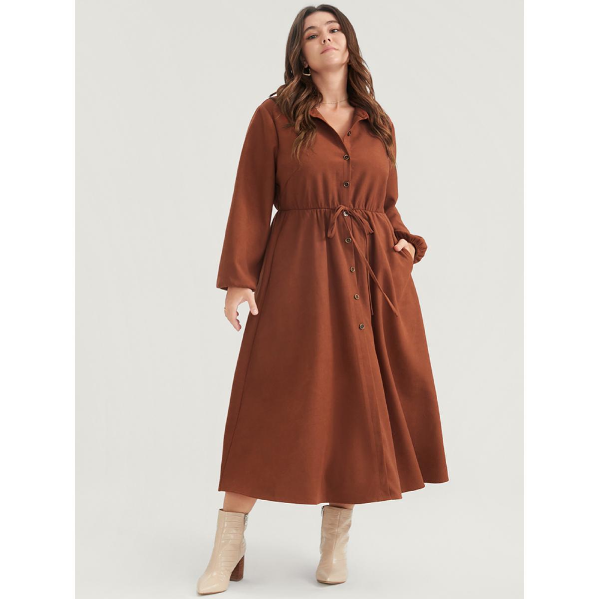 Plus Size Solid Tie Up Shirt Collar Pocket Button Detail Corduroy Dress Chocolate Women Office Button Shirt collar Long Sleeve Curvy Midi Dress BloomChic 10/M Product Image