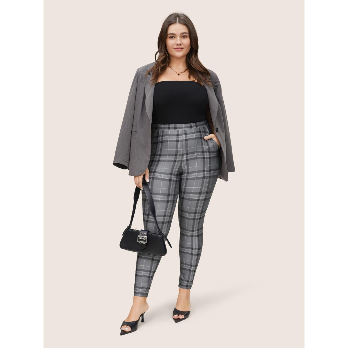 Plus Size Plaid High Rise Slant Pocket Skinny Leggings Women DimGray At the Office High stretch Skinny High Rise Office Leggings BloomChic 30/6X Product Image