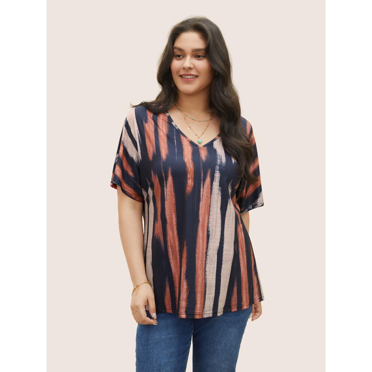 Plus Size Striped Contrast Dolman Sleeve V Neck T-shirt Midnight Women Casual Striped V-neck Everyday T-shirts BloomChic 22-24/3X Product Image