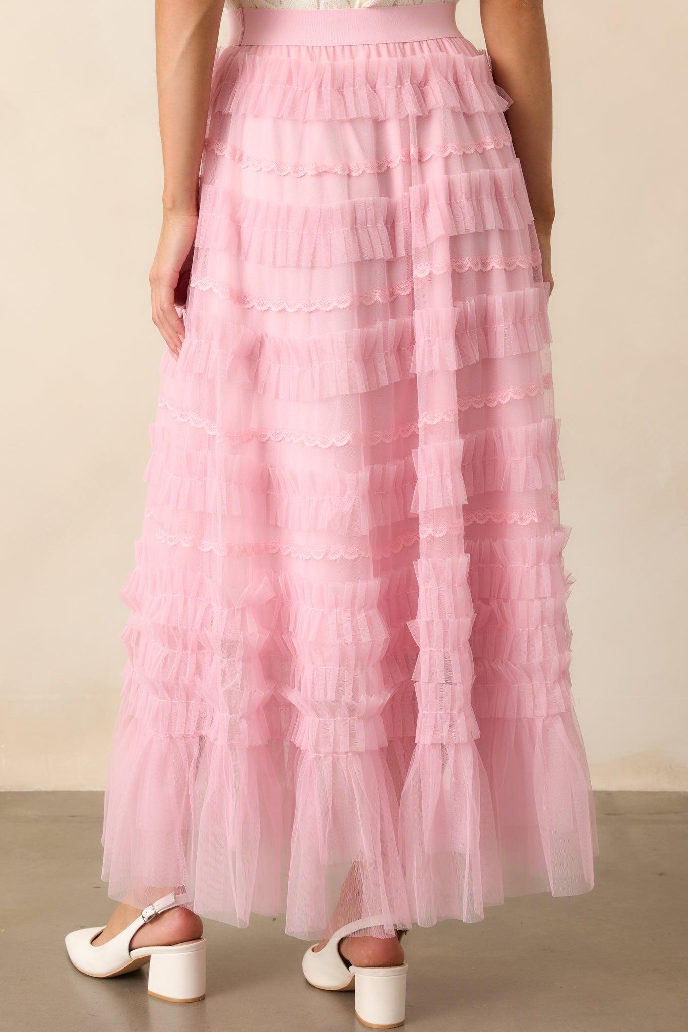 Walk In The Garden Light Pink Ruffle Tulle Midi Skirt Product Image