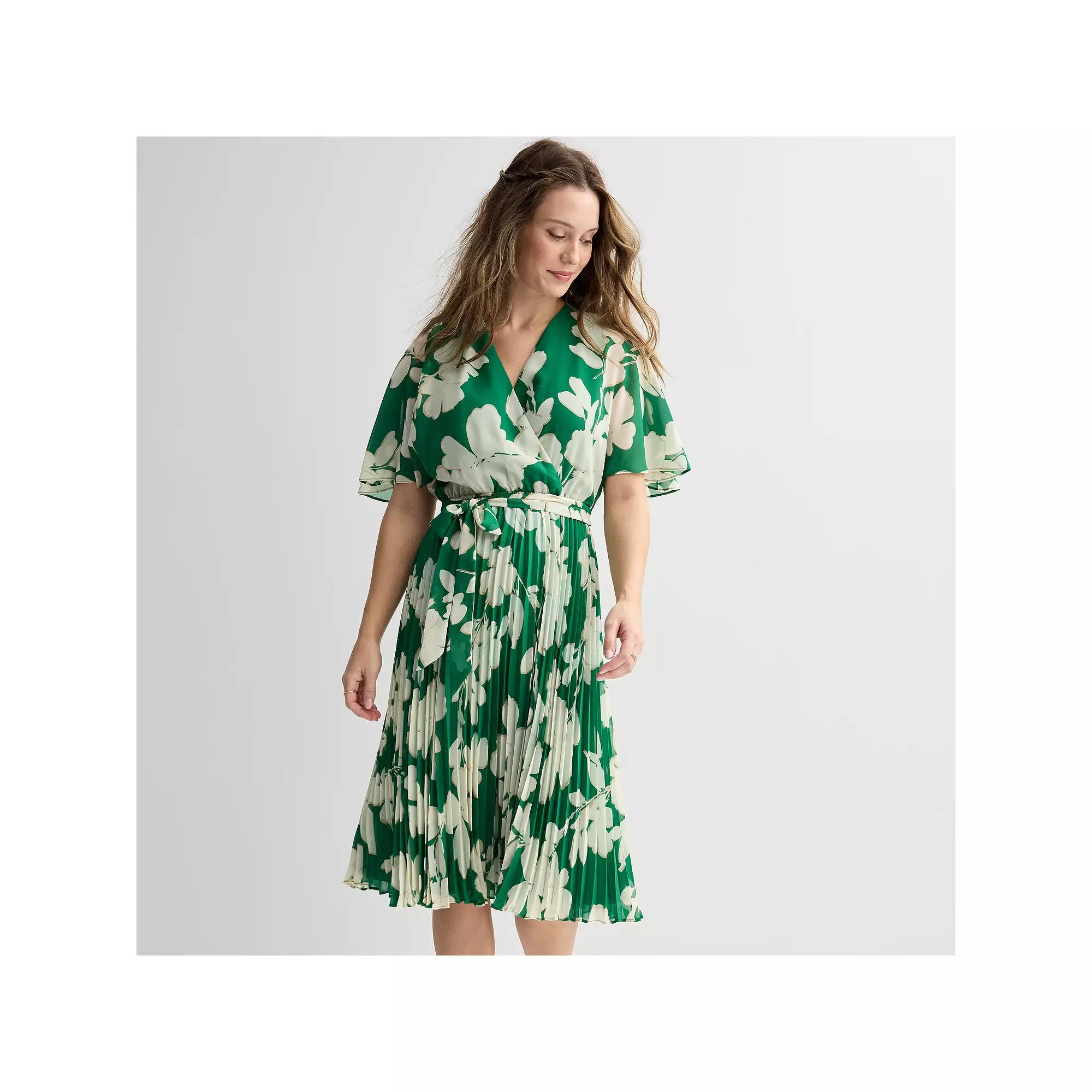 Women's Sandra Darren Chiffon Surplice Pleated Floral Midi Dress, Size: 6, Green White Product Image