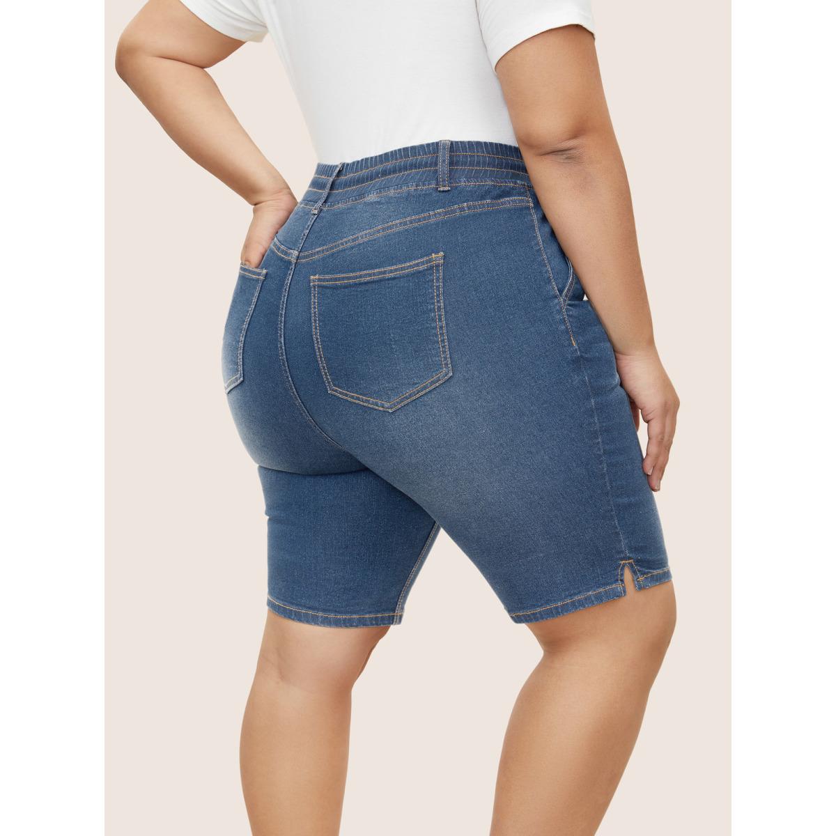 Plus Size Dark Wash Drawstring Slit Hem Denim Shorts Women Denimlightblue Drawstring High stretch Everyday Slanted pocket Casual Denim Shorts BloomChic 14/1X Product Image