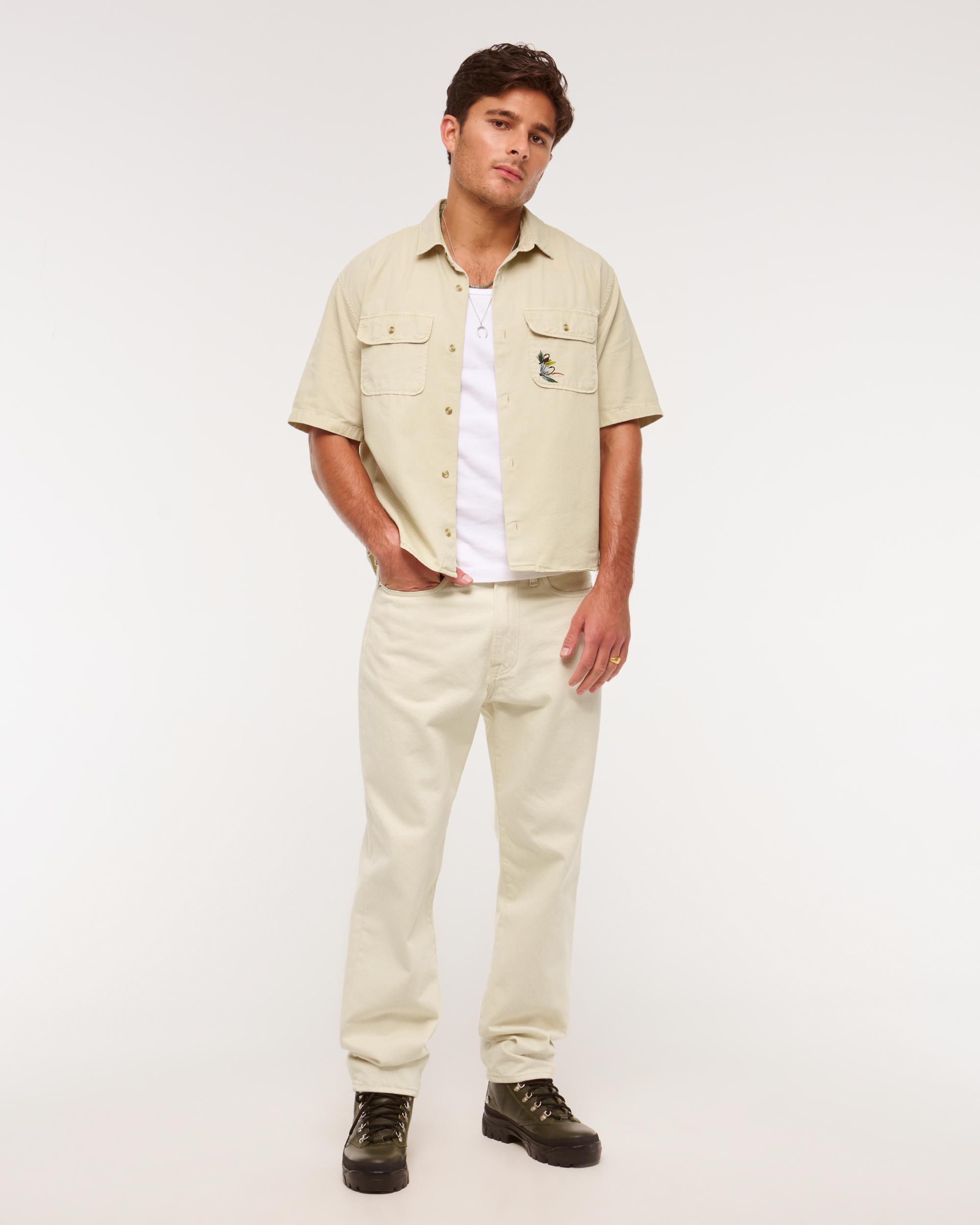 Short-Sleeve Cropped Graphic Workwear Button-Up Shirt Product Image