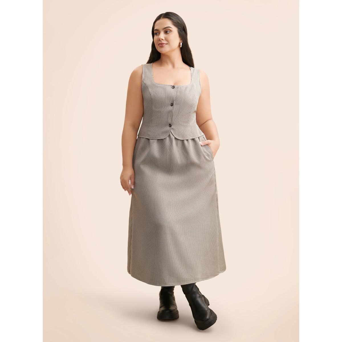 Plus Size Square Neck Houndstooth Elastic Waist Dress Browncoffeecolor Women At the Office Button Square Neck Sleeveless Curvy BloomChic 22-24/3X Product Image