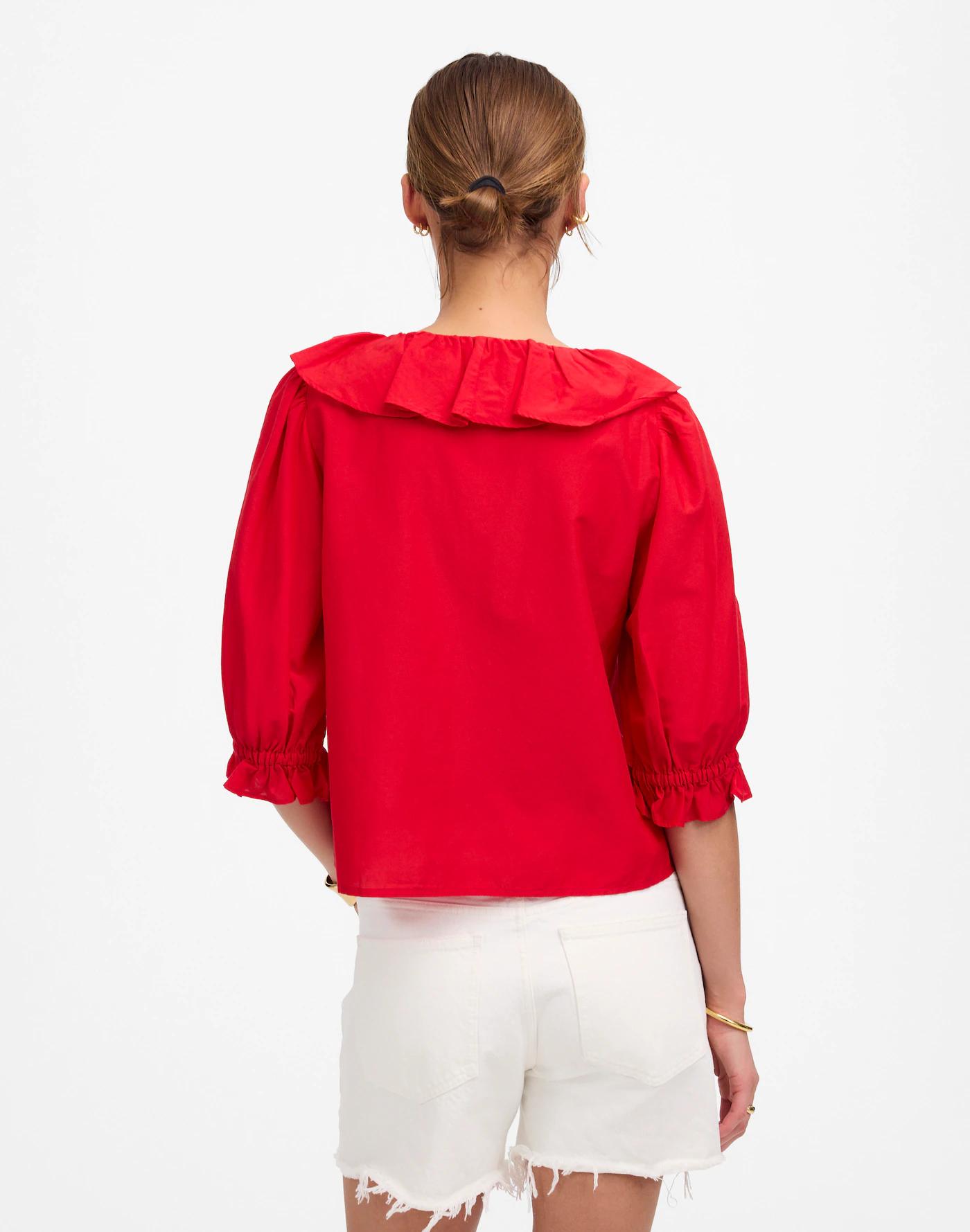 Ruffled Y-Neck Top in Cotton-Silk Product Image