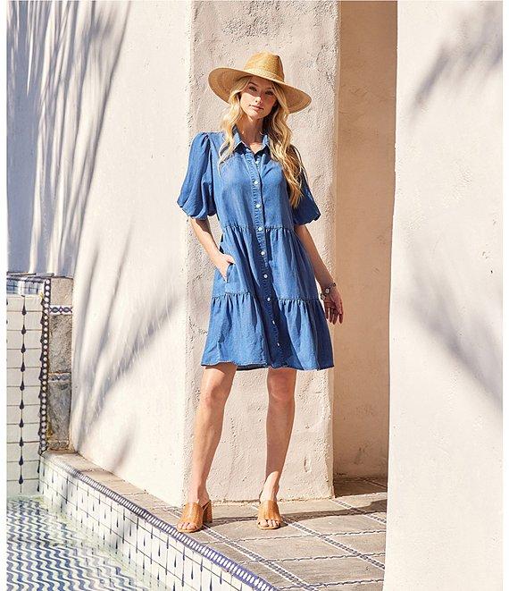 Karen Kane Chambray Point Collar Puff Sleeve Tiered Dress Product Image