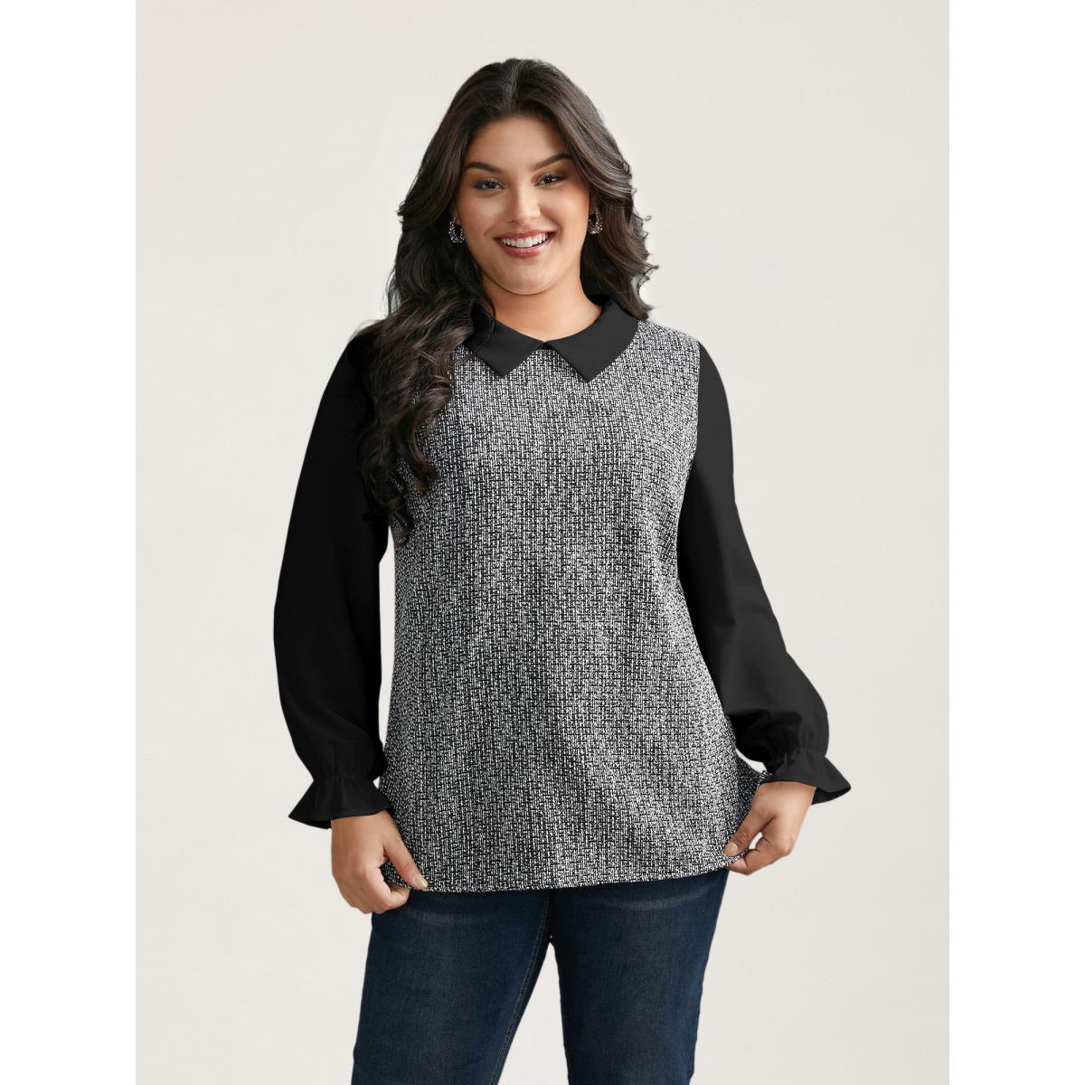 Plus Size Multicolor Tweed Patchwork Lantern Sleeve Blouse Women At the Office Long Sleeve Shirt collar Work Blouses BloomChic 30/6X Product Image