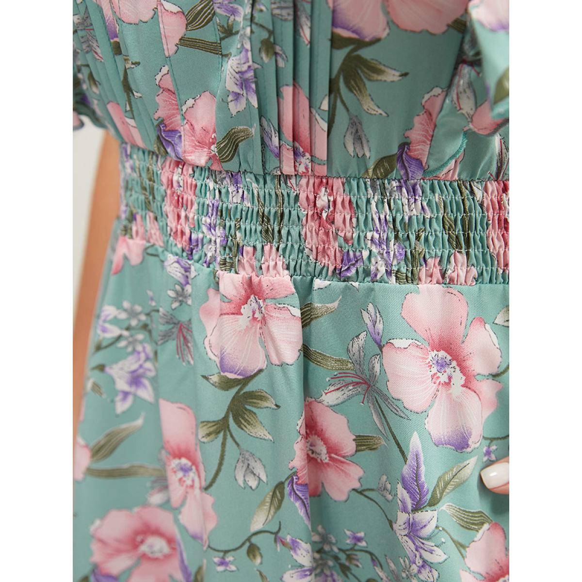 Plus Size Floral Pleated Shirred Notched Pocket Ruffle Trim Shirred Dress Mint Women Elegant Pleated Notched collar Cap Sleeve Curvy Midi Dress BloomChic 30/6X Product Image