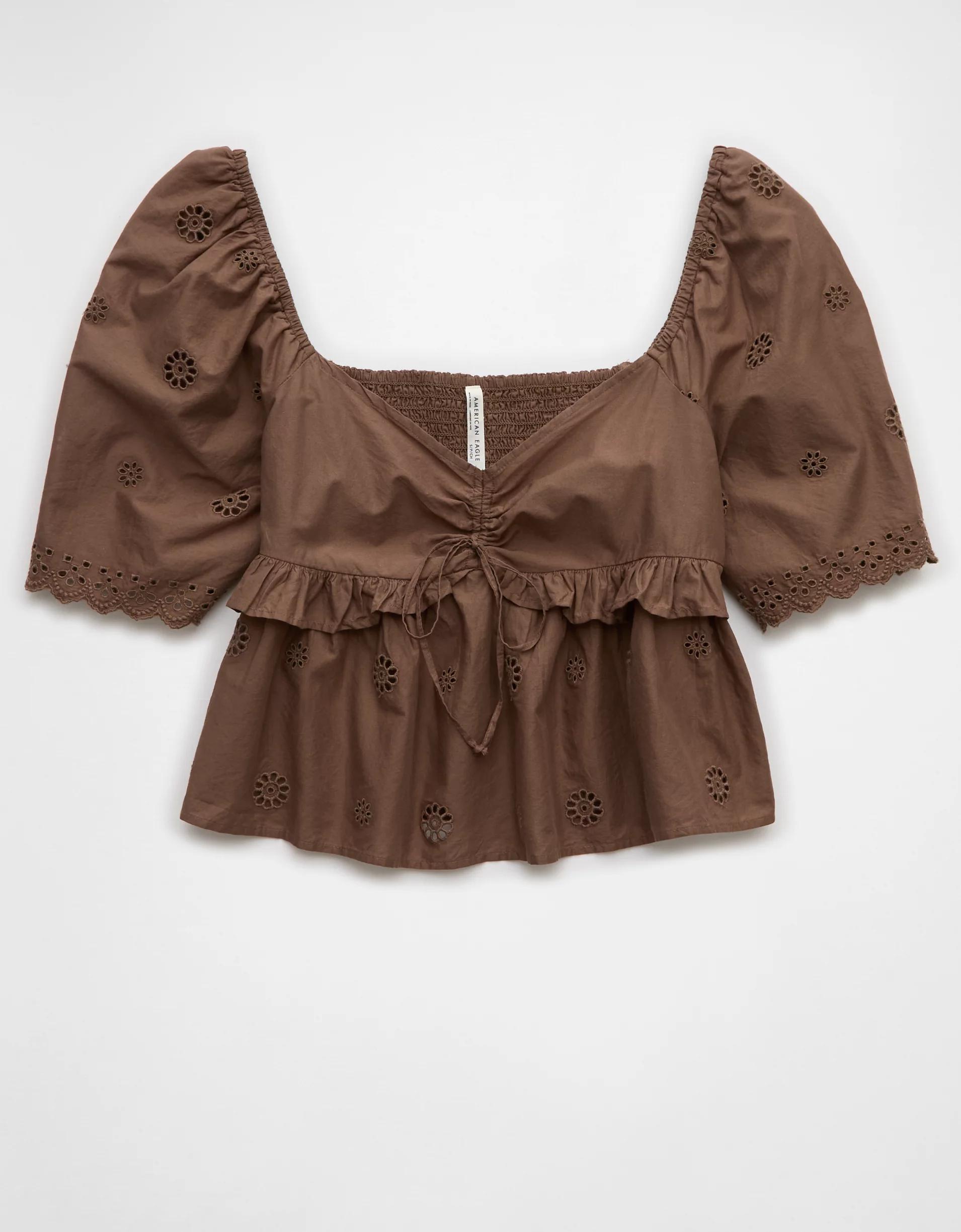 AE Flutter Sleeve Eyelet Babydoll Blouse Product Image