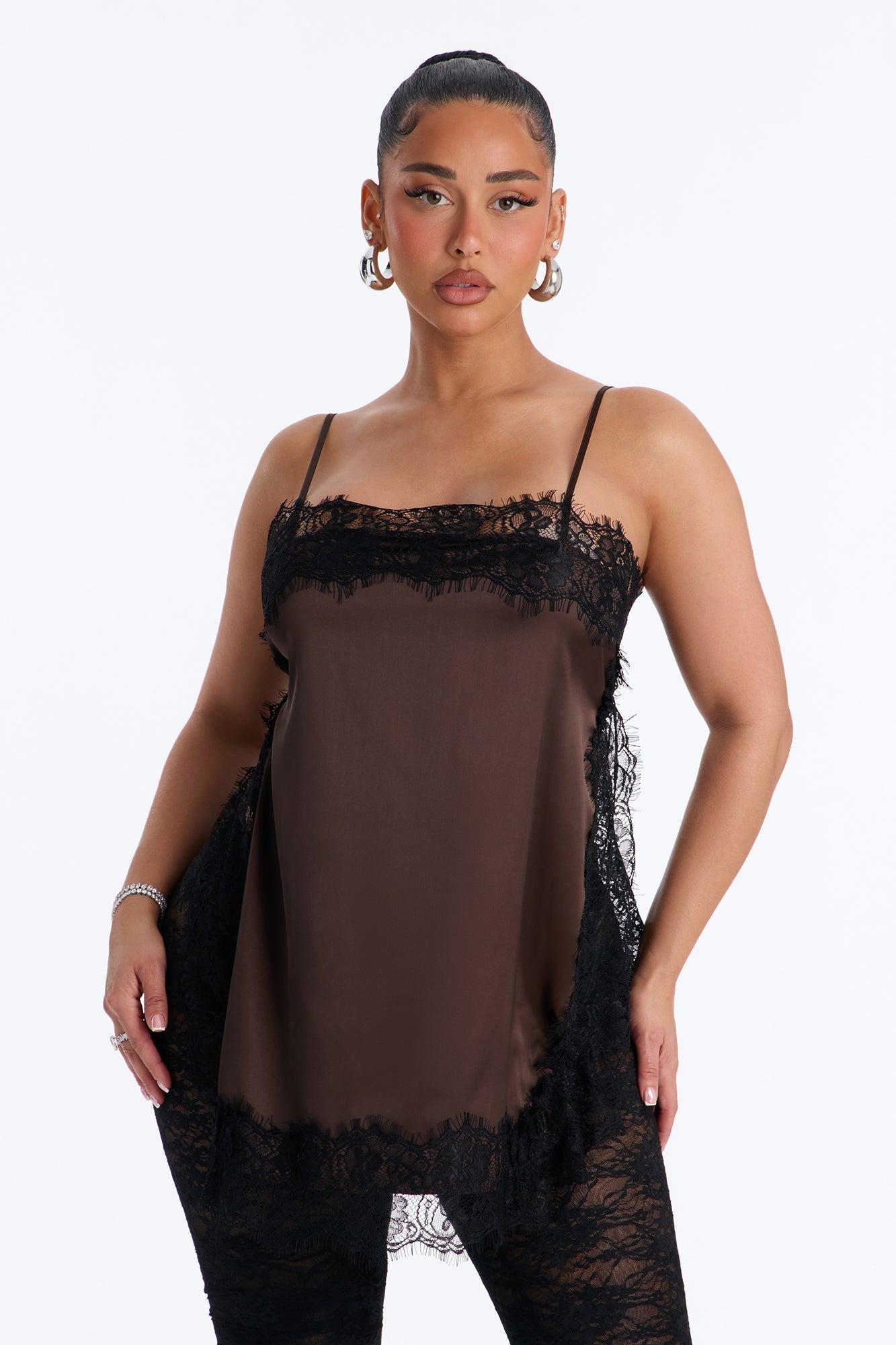 No Filter Needed Lace Trim Satin Top - Brown/combo Female Product Image