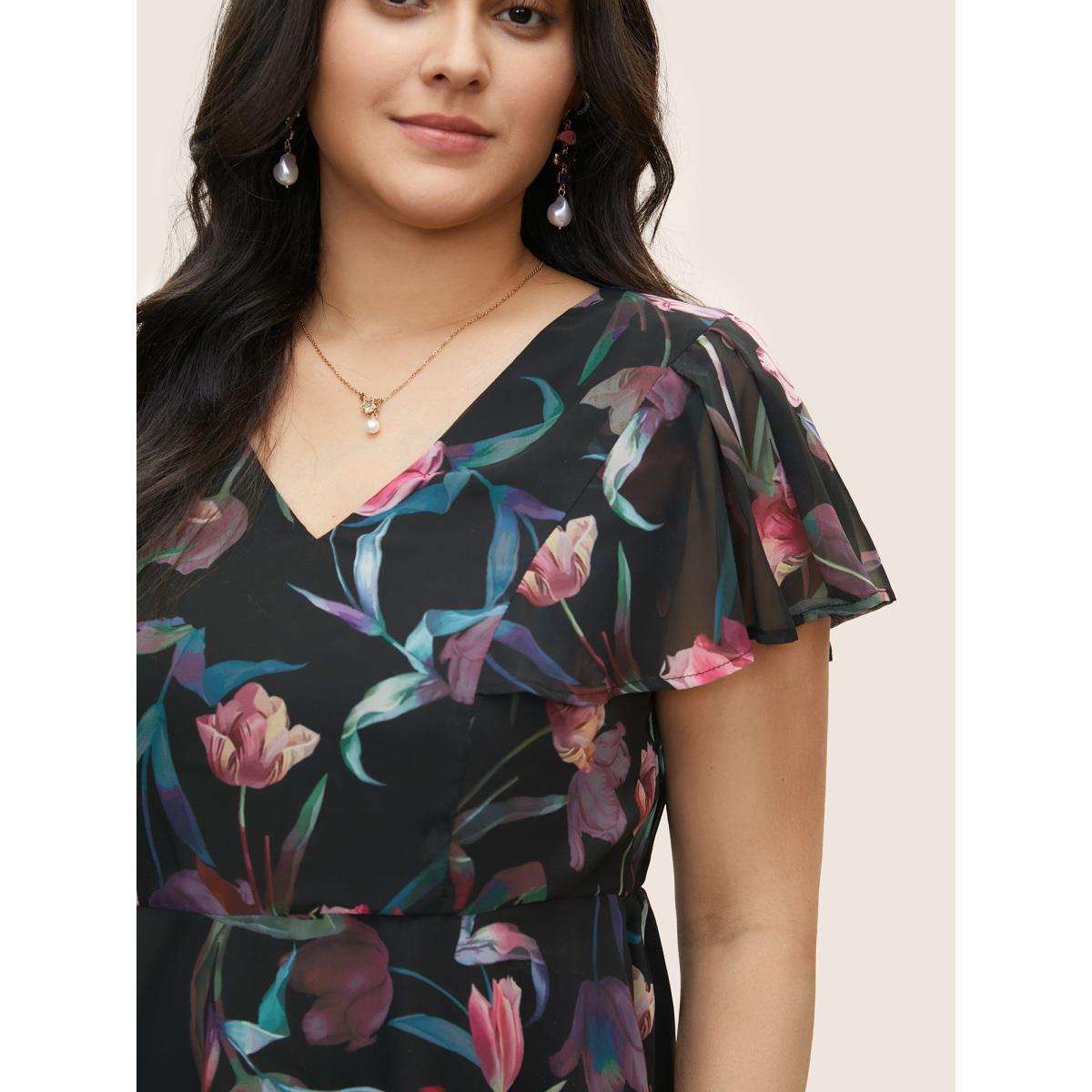 Plus Size Black Floral Mesh Ruffle Sleeve Elastic Waist Blouse Women Elegant Short sleeve V-neck Everyday Blouses BloomChic 22-24/3X Product Image