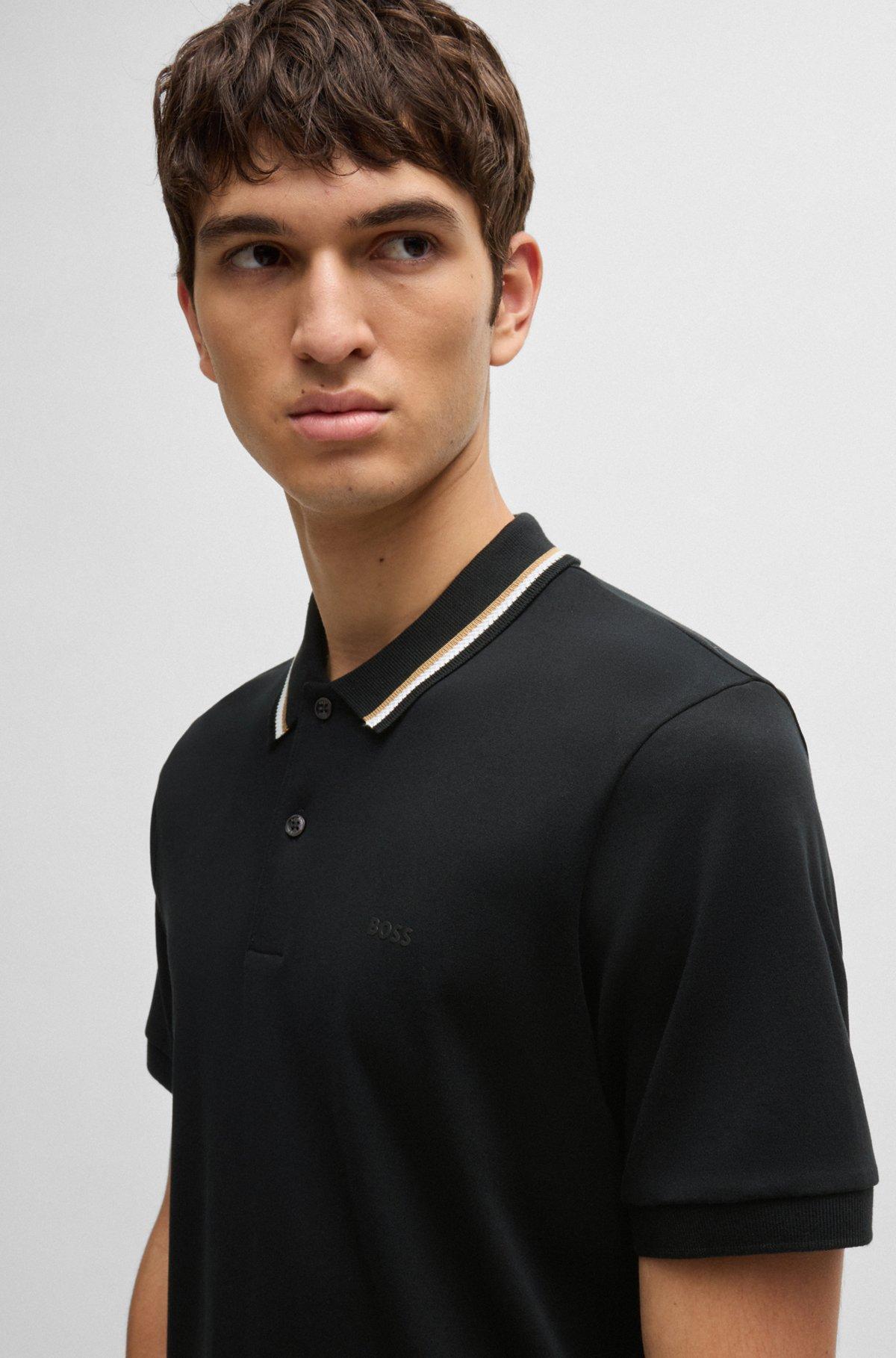 Slim-fit polo shirt in cotton with striped collar Product Image