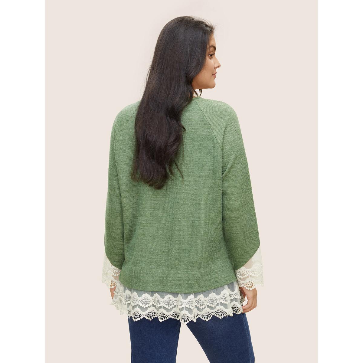 Plus Size Guipure Lace Raglan Sleeve Plisse Sweatshirt Women Green Elegant Embroidered Round Neck Everyday Sweatshirts BloomChic 14-16/1X Product Image
