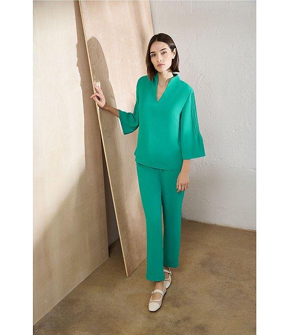 Ming Wang Crepe Pintuck Mandarin Collar V-Neck 3/4 Sleeve Blouse Product Image