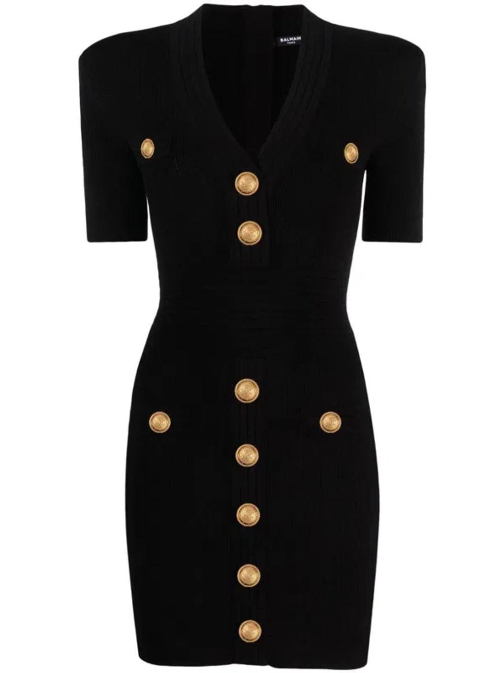 BALMAIN Mini Black Dress With Golden Buttons In Stretch Viscose Woman In Opa Noir Product Image
