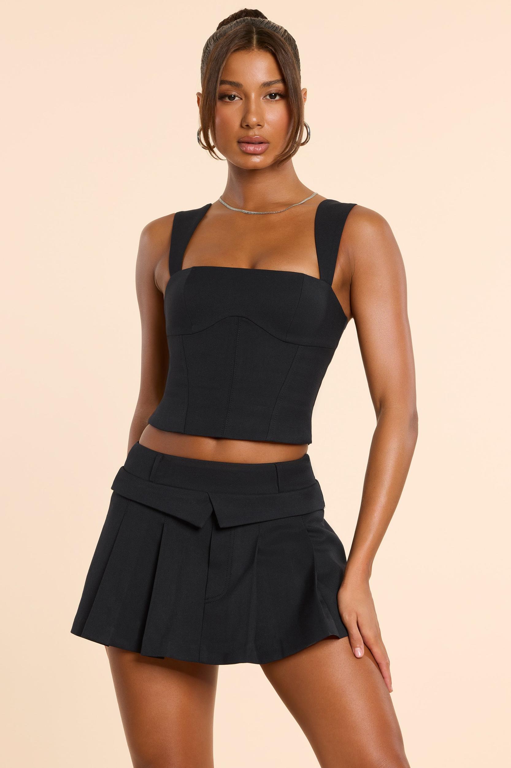 Brushed Twill Mid Rise Pleated Micro Mini Skirt in Black Product Image
