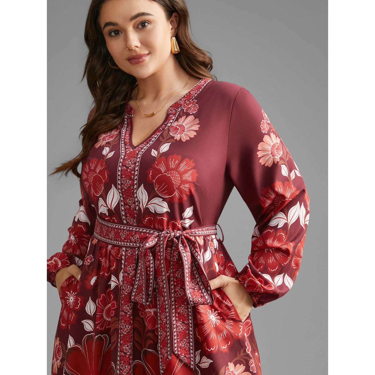 Plus Size Boho Print Belted Lantern Sleeve Dress Burgundy Women Cocktail Belted Notched collar Long Sleeve Curvy BloomChic 28/5X Product Image