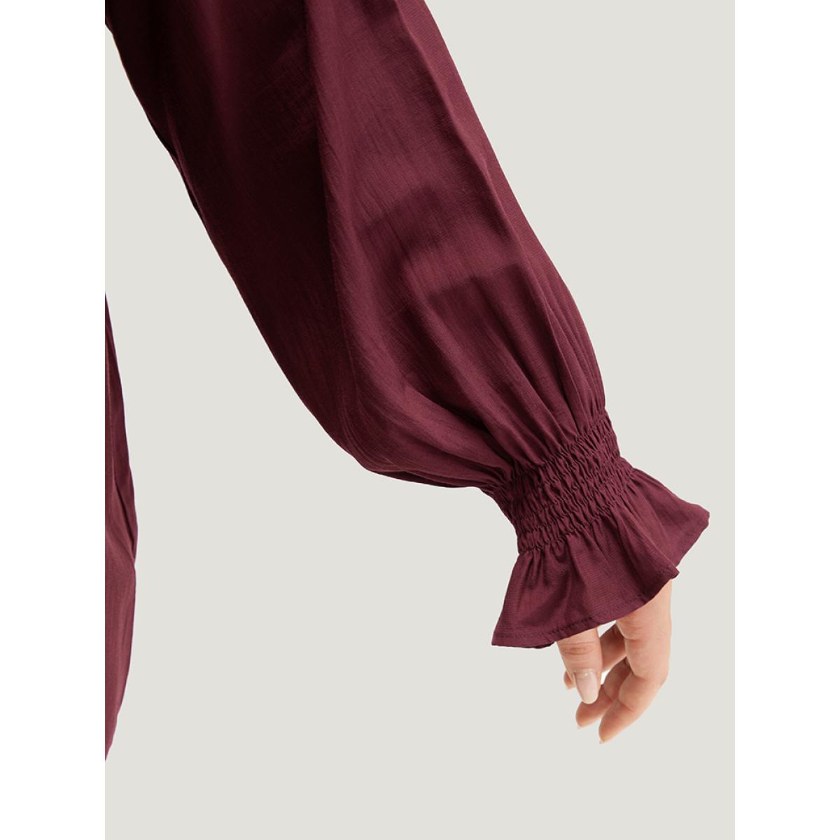 Plus Size Burgundy Supersoft Essentials Plain Plicated Detail Ruffle Trim Blouse Women Office Long Sleeve Round Neck Office Blouses BloomChic 30/6X Product Image