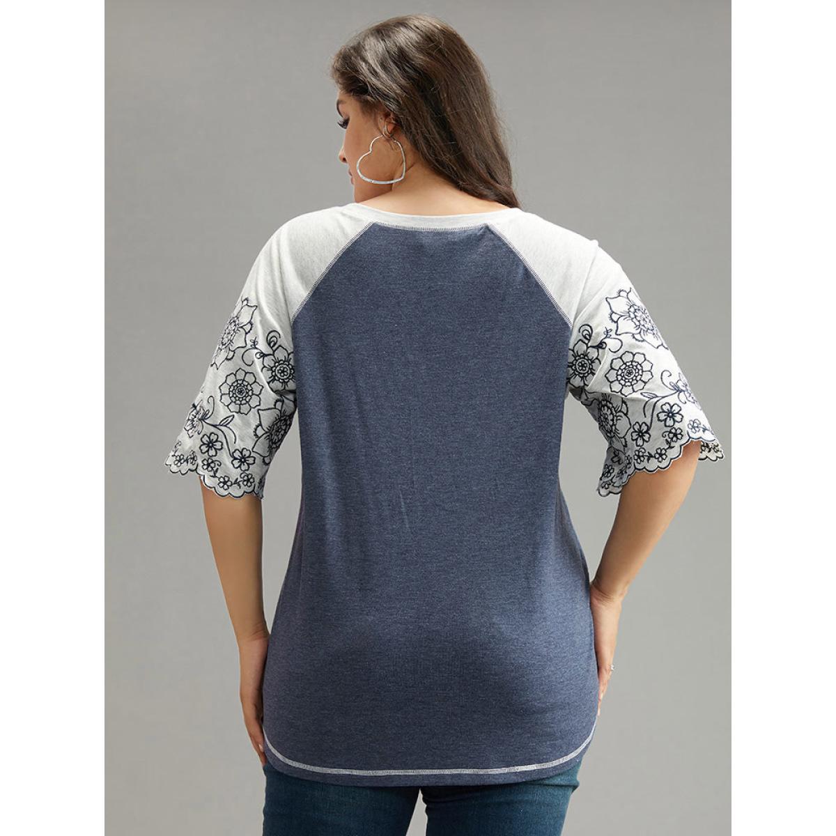 Plus Size Contrast Embroidered Scalloped Trim T-shirt Indigo Women Elegant Contrast Silhouette Floral Print Round Neck Dailywear T-shirts BloomChic 14-16/1X Product Image