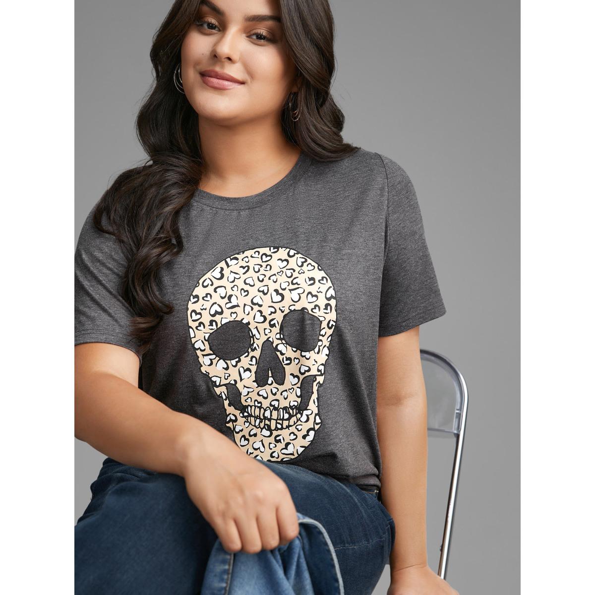 Plus Size Crew Neck Skull Leopard Print T-shirt DimGray Women Casual Non Art&design Round Neck Everyday T-shirts BloomChic 12/L Product Image