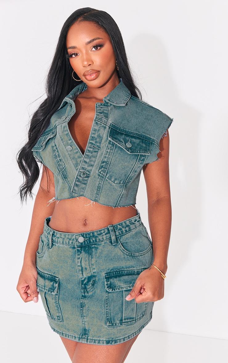 Shape Vintage Wash Denim Low Rise Micro Mini Skirt Product Image