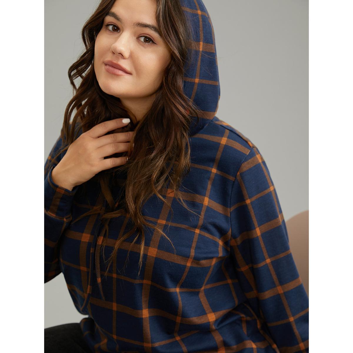 Plus Size Contrast Plaid Hooded Drawstring Sweatshirt Women DarkBlue Casual Contrast Hooded Dailywear Sweatshirts BloomChic 12/L Product Image