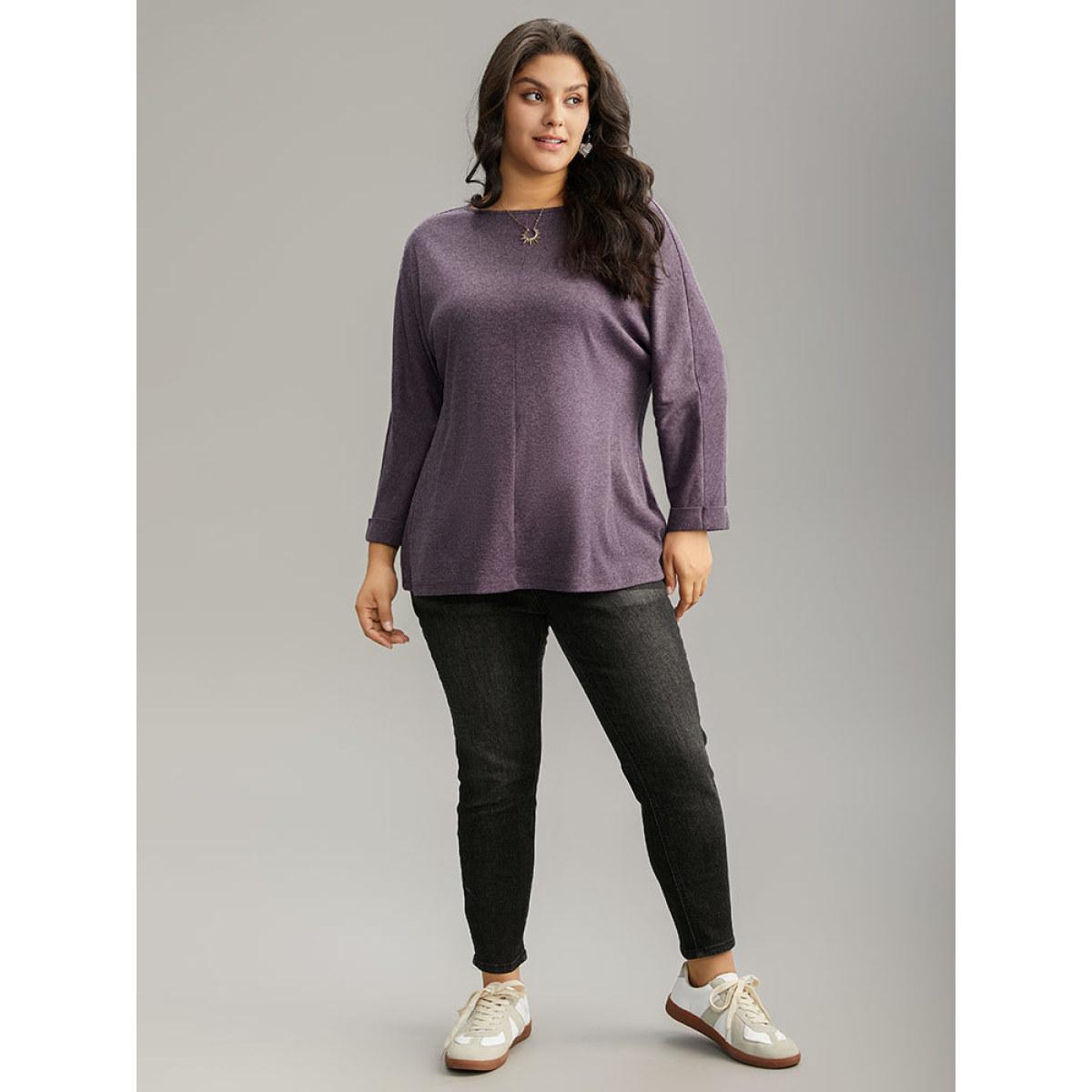 Plus Size Solid Heather Round Neck Roll Dolman Sleeve T-shirt Mauve Women Casual Plain Plain Round Neck Dailywear T-shirts BloomChic 26/4X Product Image
