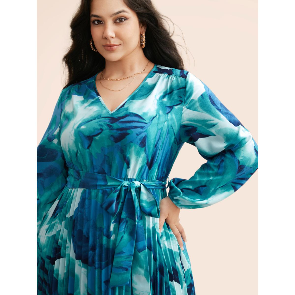 Plus Size Watercolor Floral Pleated Belted Dress DarkBlue Women Elegant Belted V-neck Long Sleeve Curvy BloomChic 22-24/3X Product Image
