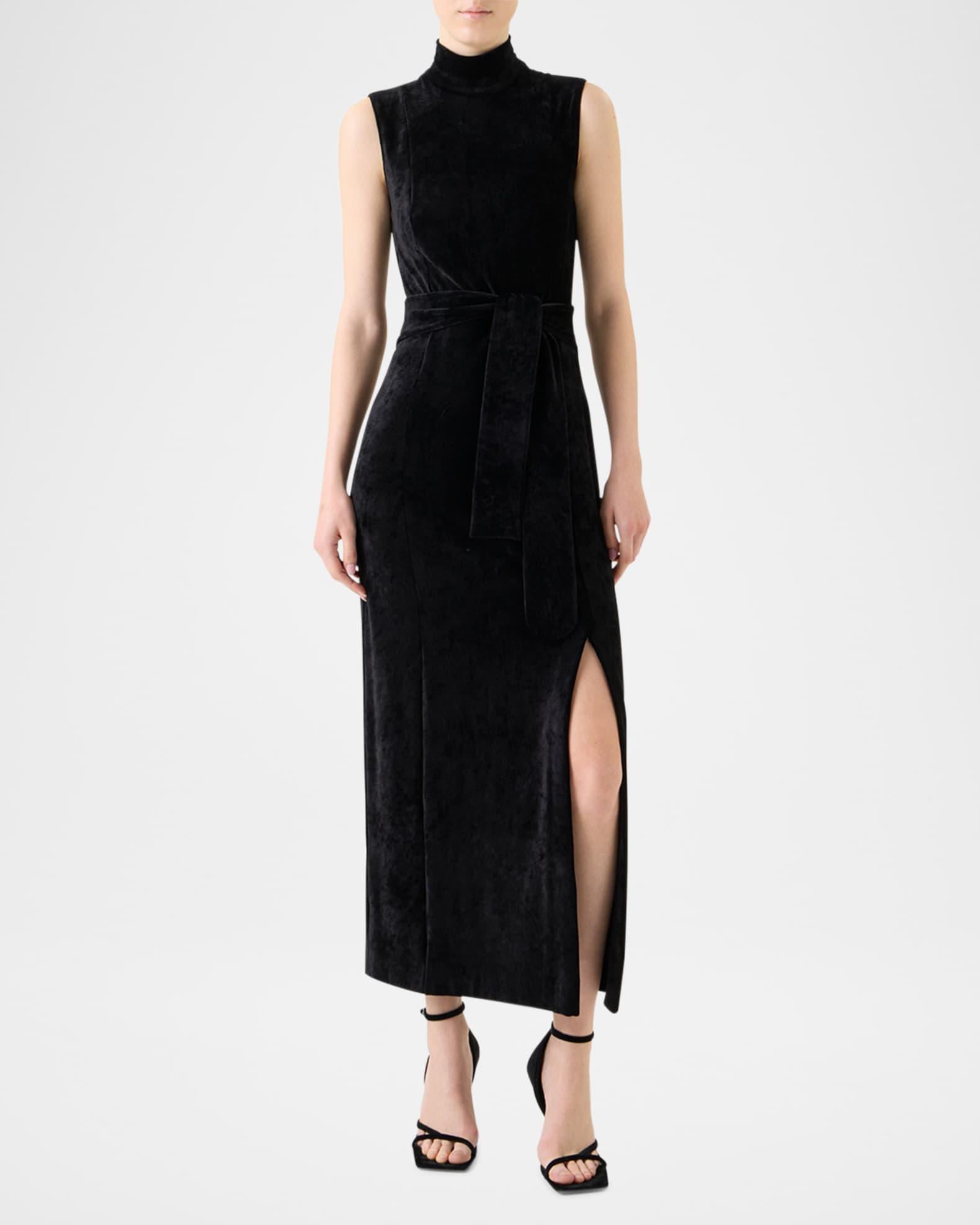 Mock-Neck Belted Velvet Jersey Midi Dress Product Image