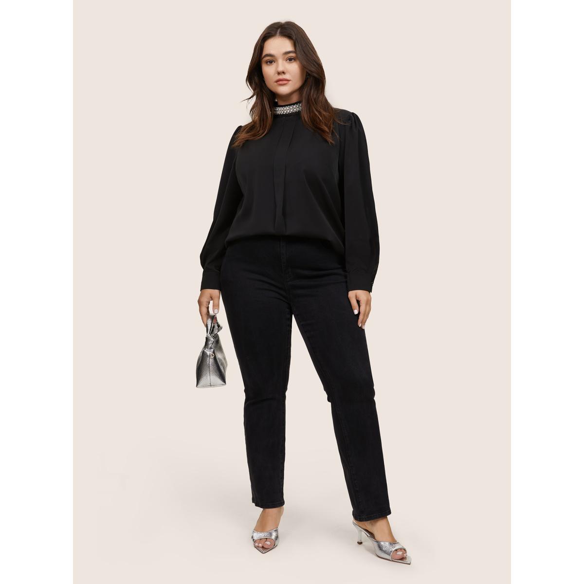 Plus Size Black Anti-Wrinkle Pearl Beaded Contrast Webbing Blouse Women Glamour Long Sleeve Round Neck Going out Blouses BloomChic 14-16/1X Product Image
