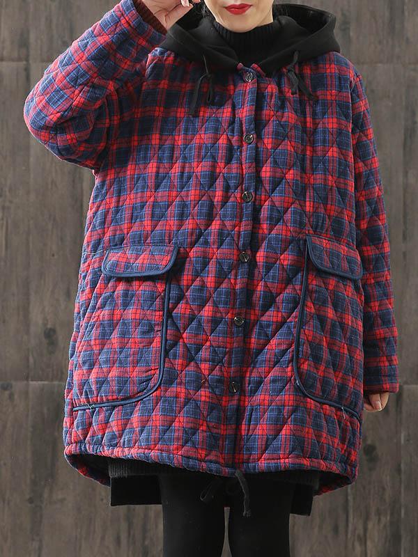 Vintage Loose Plaid Quilted Hooded Padded Coat Product Image