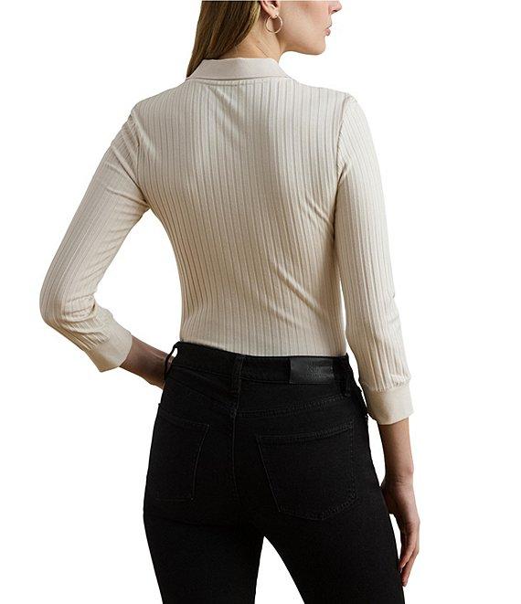 Lauren Ralph Lauren Petite Size Ribbed Knit Point Collar 3/4 Sleeve Polo Shirt Product Image