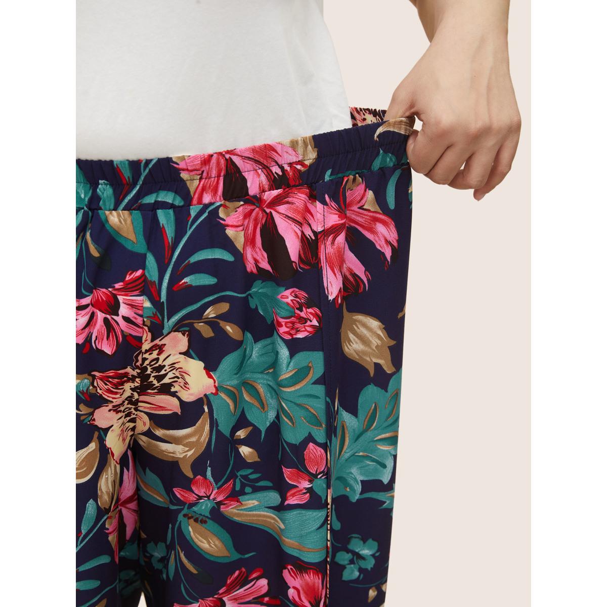 Plus Size Floral Elastic Waist Split Hem Wide Leg Pants Women Indigo Resort Wide Leg High Rise Vacation Pants BloomChic 26/4X Product Image