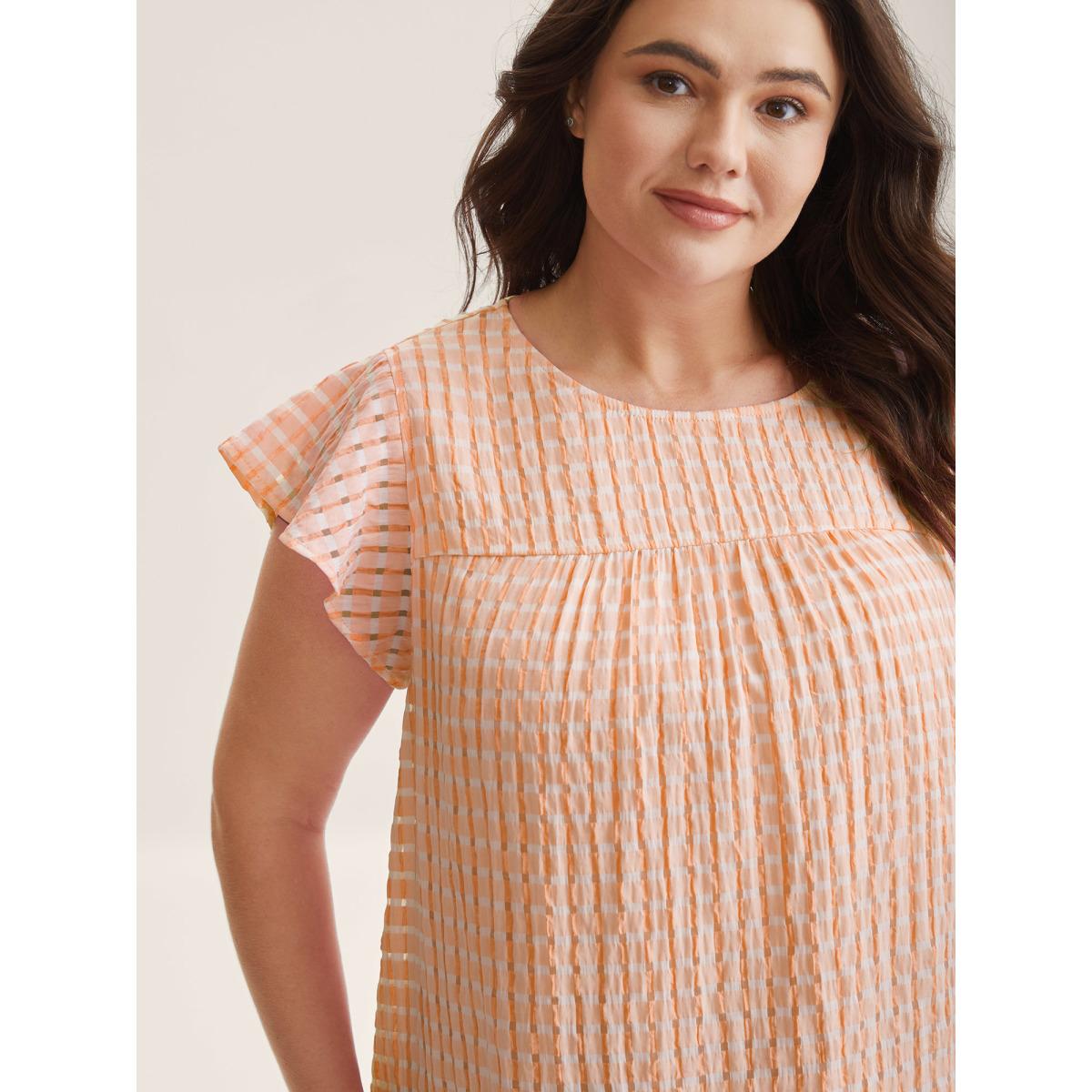 Plus Size Coral Textured Sheer Lined Flutter Sleeve Blouse Women Leisure Cap Sleeve Round Neck Casual Blouses BloomChic 10/M Product Image