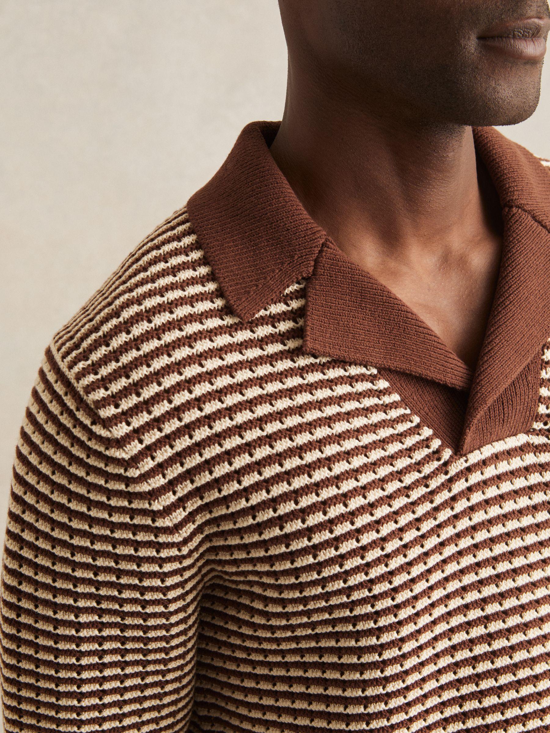 Cotton Textured Knit Stripe Polo Shirt in Tobacco Brown/ Off White Product Image