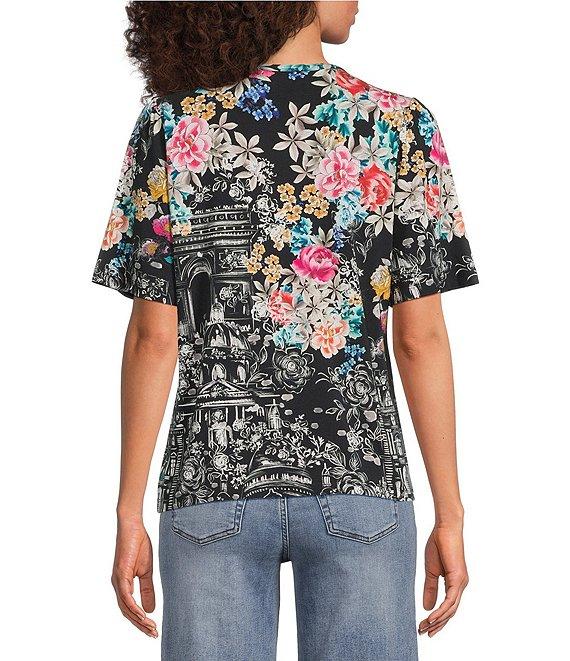 JOHNNY WAS The Janie Favorite Floral & Architecture Print Knit Round Neck Short Elbow Sleeve Button Front Tee Product Image