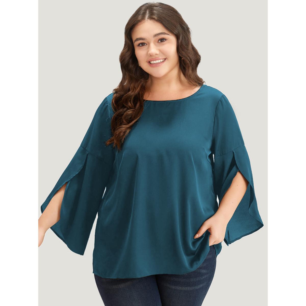 Plus Size Aegean Plain Wrap Flutter Sleeve Crew Neck Blouse Women Office Elbow-length sleeve Round Neck Work Blouses BloomChic 26/4X Product Image