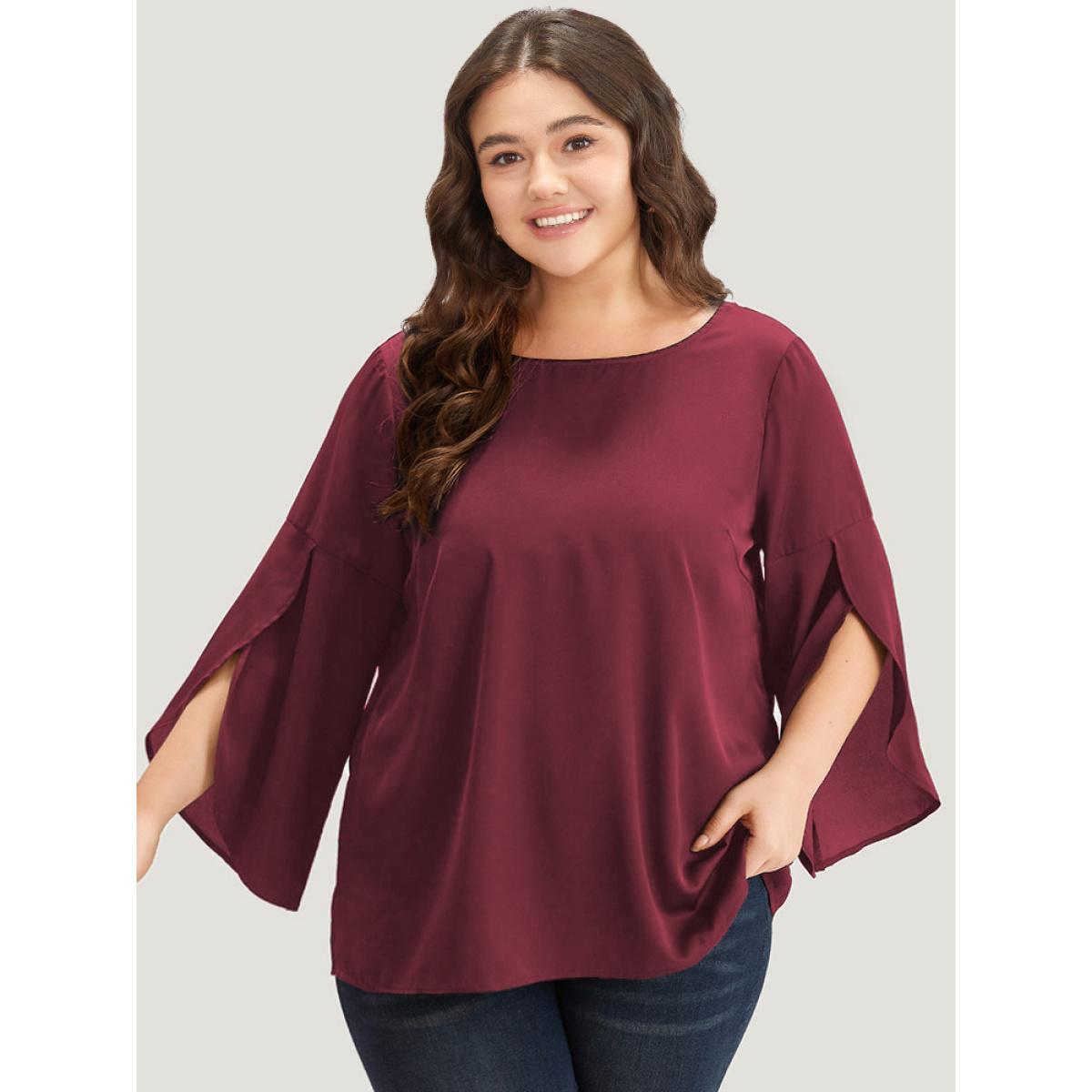 Plus Size Scarlet Plain Wrap Flutter Sleeve Crew Neck Blouse Women Office Elbow-length sleeve Round Neck Work Blouses BloomChic 12/L Product Image