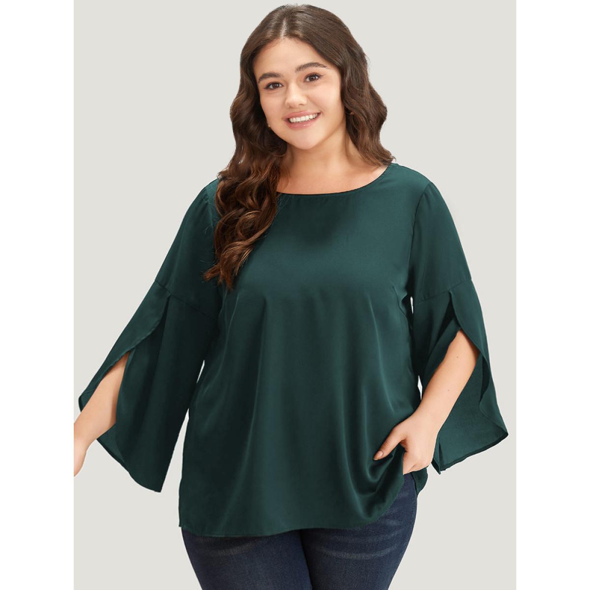 Plus Size Black Plain Wrap Flutter Sleeve Crew Neck Blouse Women Office Elbow-length sleeve Round Neck Work Blouses BloomChic 12/L Product Image