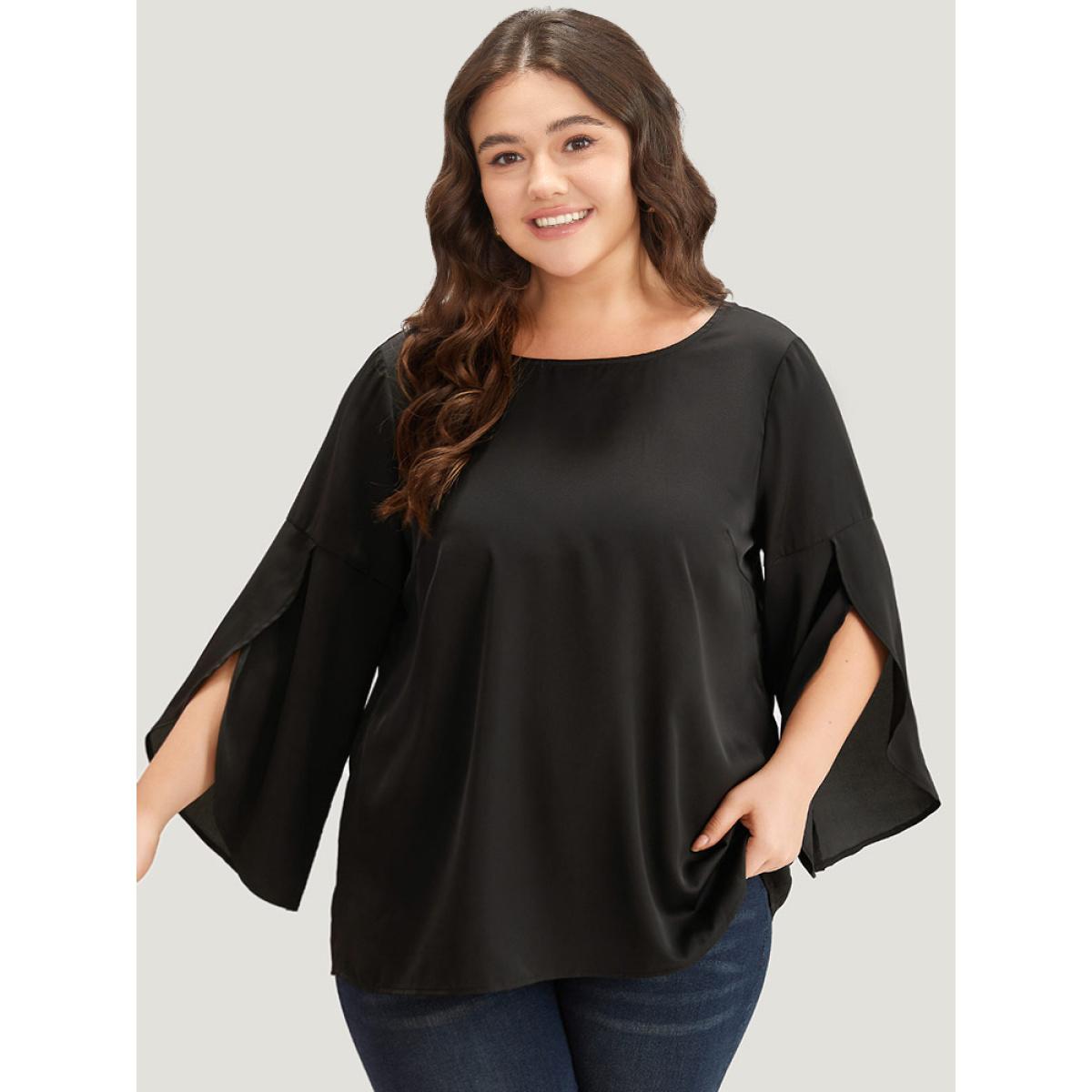 Plus Size Black Plain Wrap Flutter Sleeve Crew Neck Blouse Women Office Elbow-length sleeve Round Neck Work Blouses BloomChic 12/L Product Image