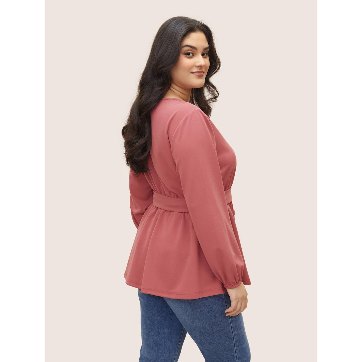 Plus Size DustyPink Asymmetrical Neck Belted Lantern Sleeve Blouse Women Work From Home Long Sleeve Asymmetrical Neck Work Blouses BloomChic 28/5X Product Image