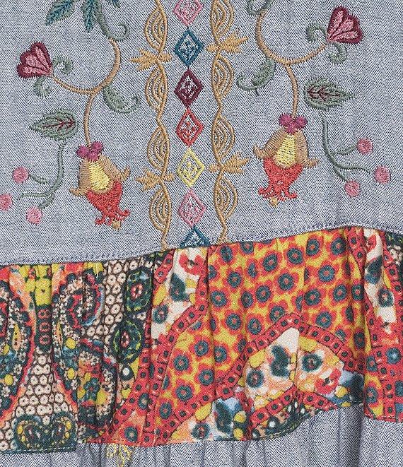 John Mark Floral Embroidered Woven V-Neck 3/4 Sleeves Tiered Hem A-Line Midi Dress Product Image