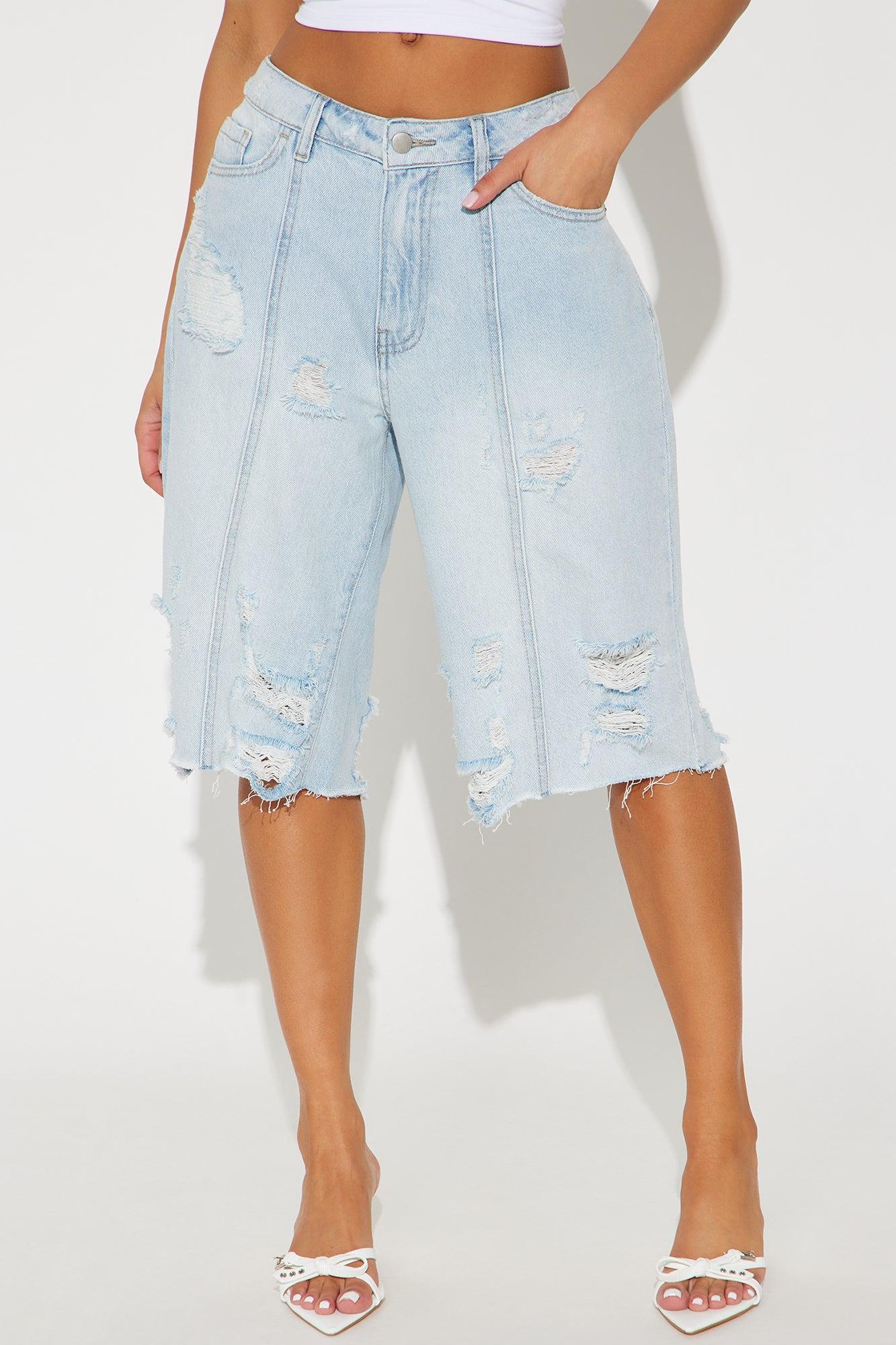 Back In Time Ripped Non Stretch Denim Jorts - Light Wash Product Image