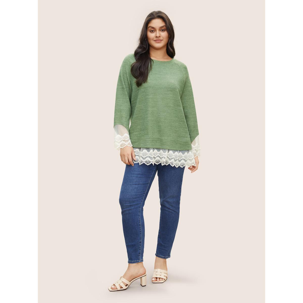 Plus Size Guipure Lace Raglan Sleeve Plisse Sweatshirt Women Green Elegant Embroidered Round Neck Everyday Sweatshirts BloomChic 14-16/1X Product Image